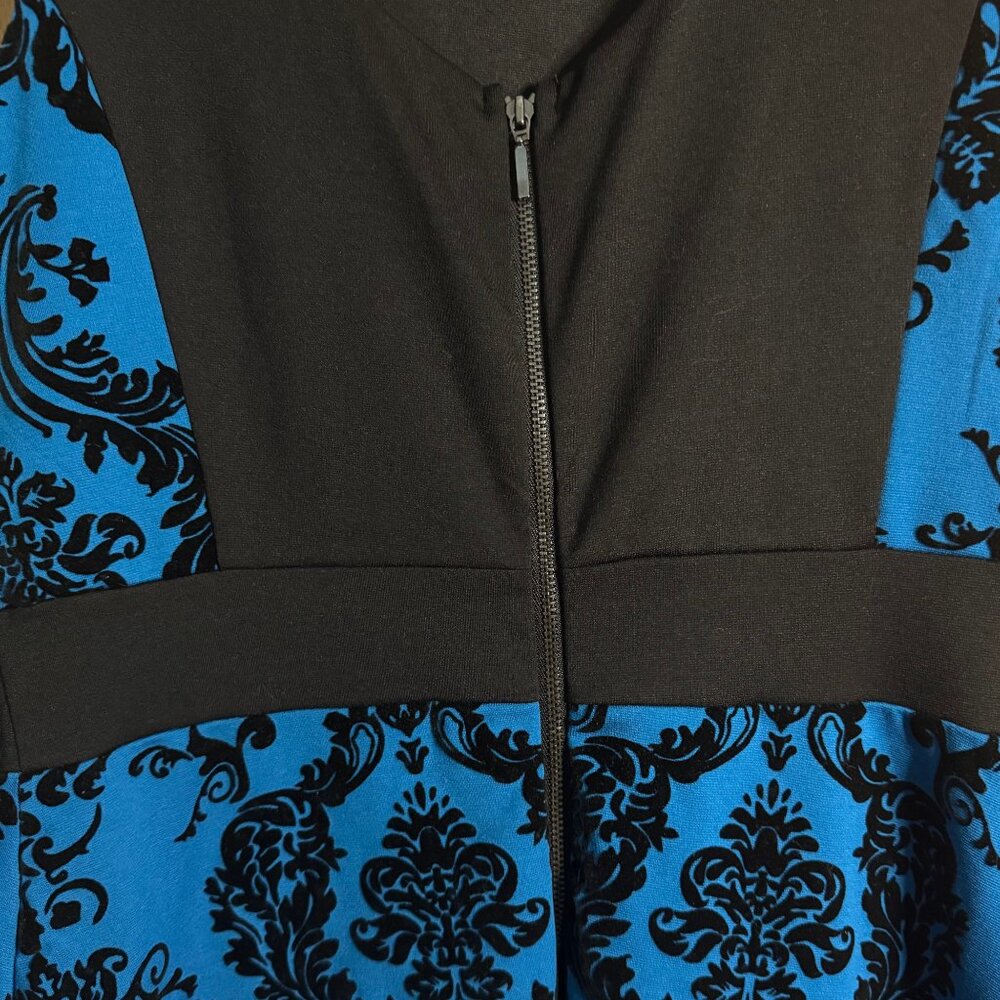Neiman Marcus Blue Black Damask Fit & Flare Cocktail Dress Size 6 - Picture 6 of 8